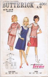 4061 BUTTERICK 1965 LOW WAISTED A-JUMPER, DRESS, BLOUSE PATTERN 10 TEEN 30"